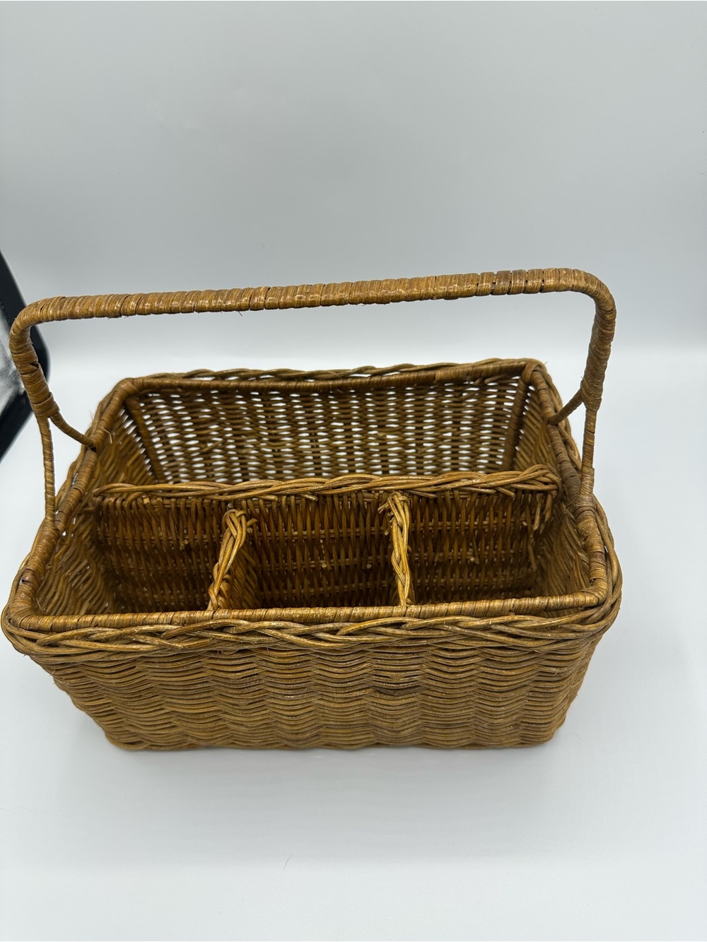 Vintage Wicker Utensil Caddy Handwoven Basket Silverware Napkin Holder Farmhouse